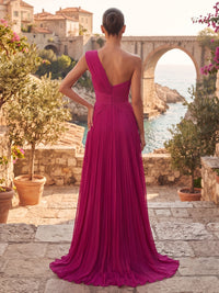 A-Line/Princess One Shoulder Chiffon Maxi Formal Dresses with Pleats