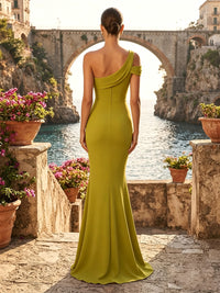 Mermaid/Trumpet One Shoulder Satin Maxi Formal Dresses with Ruffles