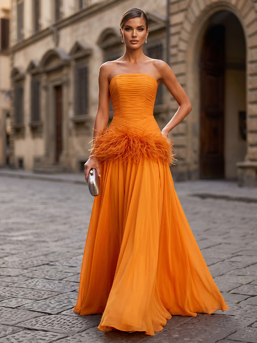 A-Line/Princess Strapless Chiffon Maxi Formal Dresses with Feather Trim & Pleats