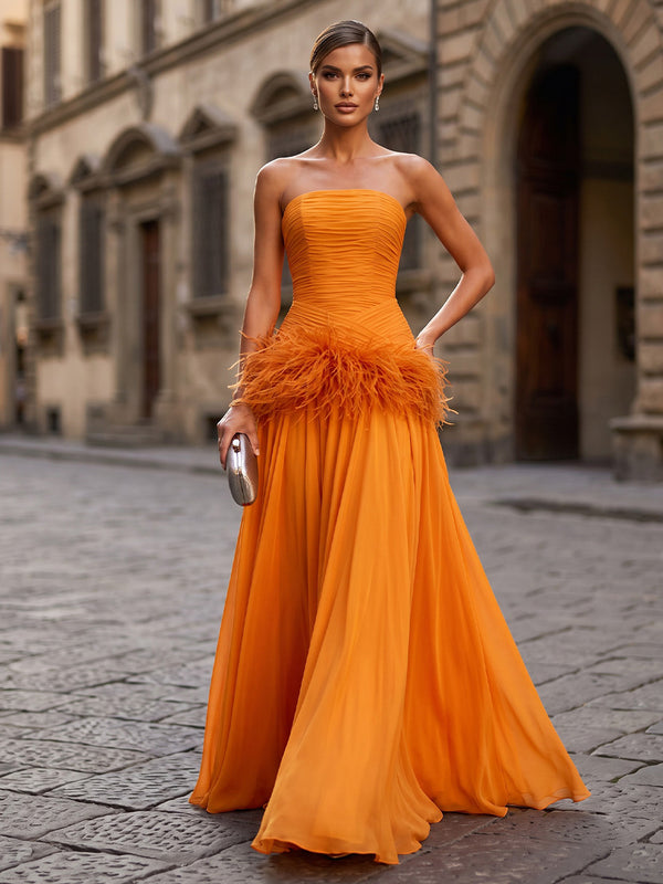 A-Line/Princess Strapless Chiffon Maxi Formal Dresses with Feather Trim & Pleats