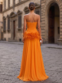 A-Line/Princess Strapless Chiffon Maxi Formal Dresses with Feather Trim & Pleats