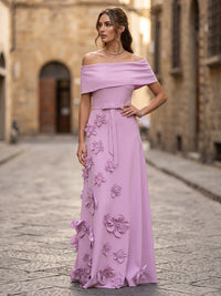 A-Line/Princess Off Shoulder Stretch Jersey Maxi Formal Dresses with 3D Flowers & Bow