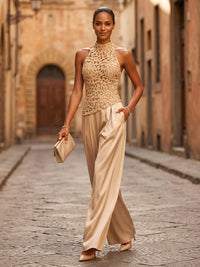 Halter Satin Maxi Formal Jumpsuits with Lace