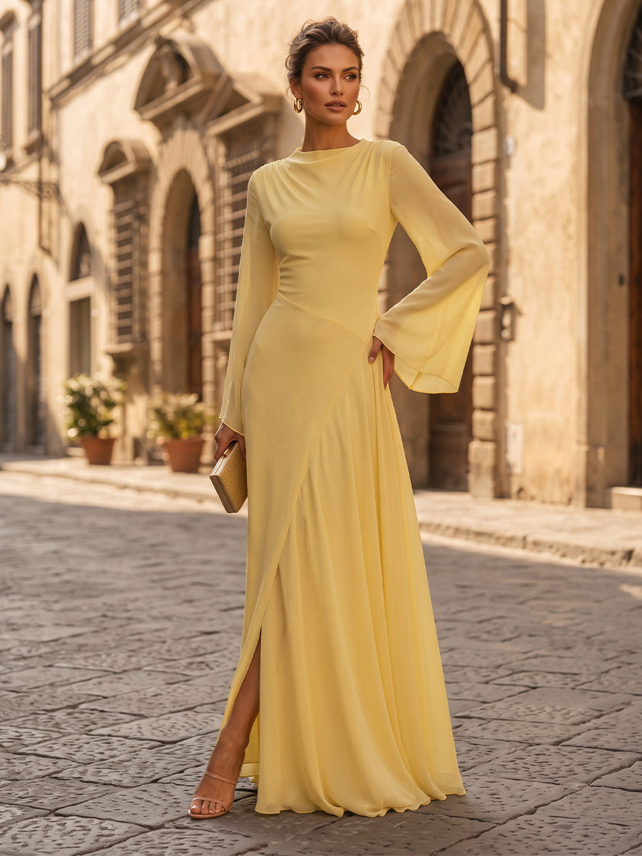 A-Line/Princess Scoop Neck Chiffon Maxi Formal Dresses with Slit