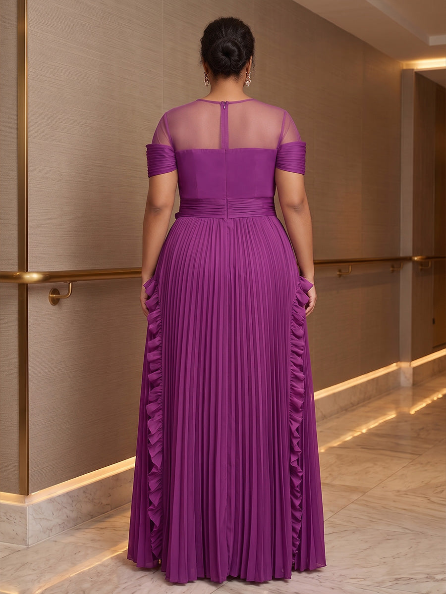 Plus Size A-Line/Princess Scoop Neck Chiffon Maxi Formal Dresses with 3D Flowers, Ruffles, Pleats & Slit