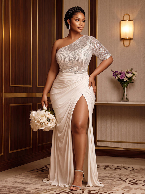 Plus Size Sheath/Column One Shoulder Chiffon Maxi Formal Dresses with Slit, Ruched Waist & Sequin