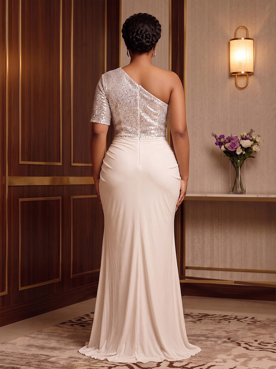 Plus Size Sheath/Column One Shoulder Chiffon Maxi Formal Dresses with Slit, Ruched Waist & Sequin