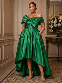 Plus Size A-Line/Princess Off Shoulder Satin High-Low Formal Dresses with Bow & Pleats