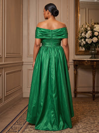 Plus Size A-Line/Princess Off Shoulder Satin High-Low Formal Dresses with Bow & Pleats