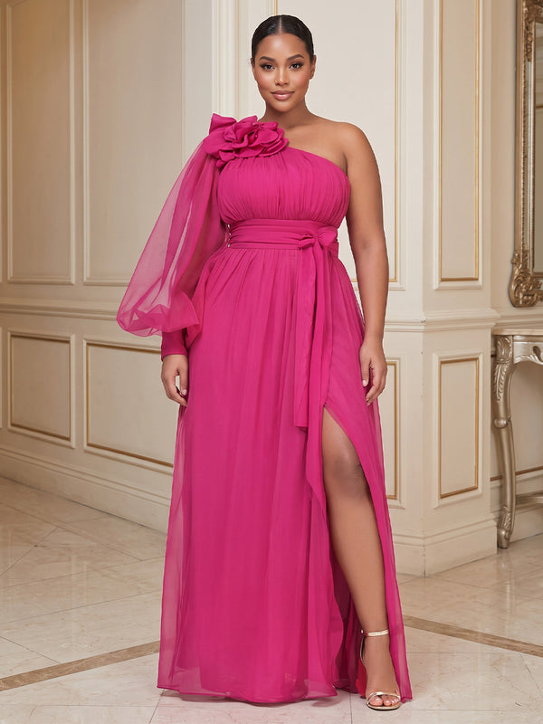 Plus Size A-Line/Princess One Shoulder Chiffon Maxi Formal Dresses with 3D Flowers & Sash