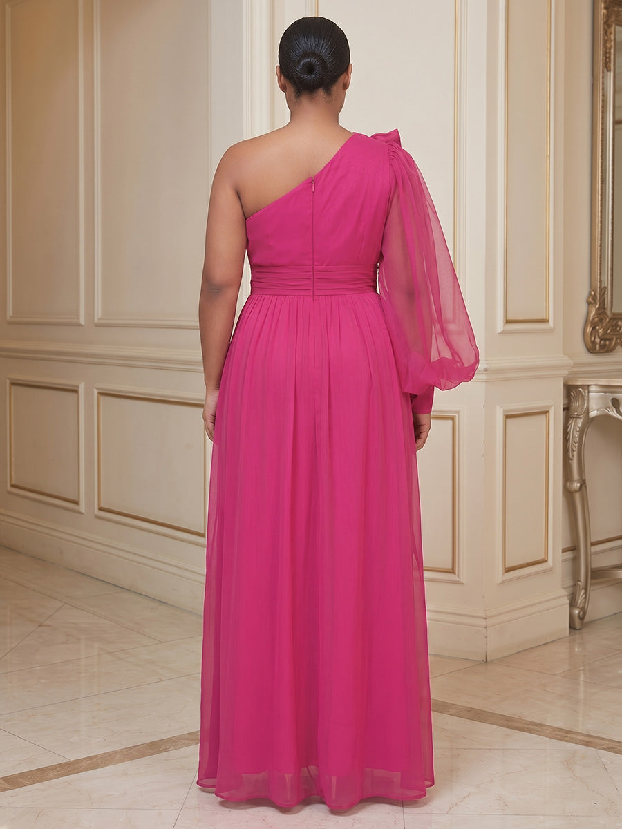 Plus Size A-Line/Princess One Shoulder Chiffon Maxi Formal Dresses with 3D Flowers & Sash