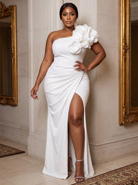 Plus Size Sheath/Column One Shoulder Stretch Jersey Maxi Formal Dresses with 3D Flowers, Ruched Waist & Slit