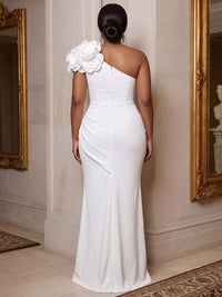 Plus Size Sheath/Column One Shoulder Stretch Jersey Maxi Formal Dresses with 3D Flowers, Ruched Waist & Slit