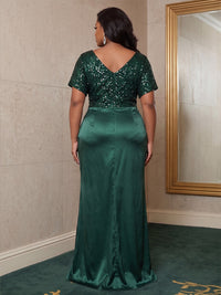 Plus Size Sheath/Column V-Neck Satin Maxi Formal Dresses with Sequin, Ruched Waist & Slit