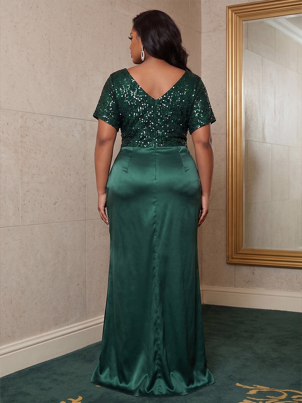 Plus Size Sheath/Column V-Neck Satin Maxi Formal Dresses with Sequin, Ruched Waist & Slit
