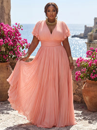 Plus Size A-Line/Princess V-Neck Chiffon Maxi Formal Dresses with Ruffles & Pleats