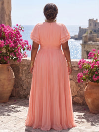 Plus Size A-Line/Princess V-Neck Chiffon Maxi Formal Dresses with Ruffles & Pleats