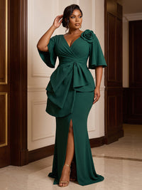 Plus Size Mermaid/Trumpet V-Neck Chiffon Maxi Formal Dresses with 3D Flowers & Slit