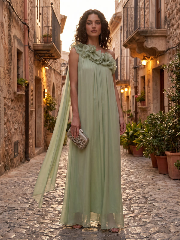 A-Line/Princess Formal Dresses One Shoulder Floor-Length Formal Gowns with Pleats & Side Sash