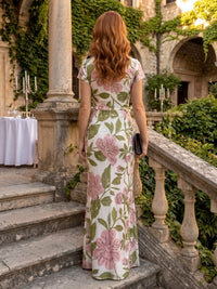 Sheath/Column V-Neck Jacquard Maxi Formal Dresses with Ruched Waist