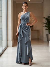 A-Line/Princess One Shoulder Velvet Maxi Formal Dresses with Ruched Bodice & Ruffles
