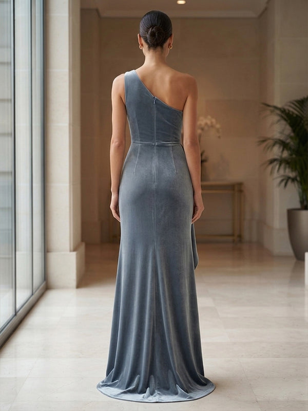 A-Line/Princess One Shoulder Velvet Maxi Formal Dresses with Ruched Bodice & Ruffles
