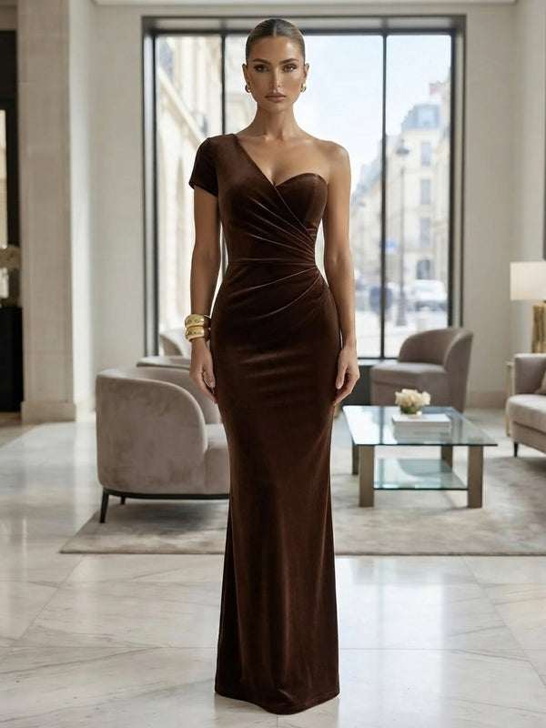 Sheath/Column One Shoulder Velvet Maxi Formal Dresses with Ruched Waist