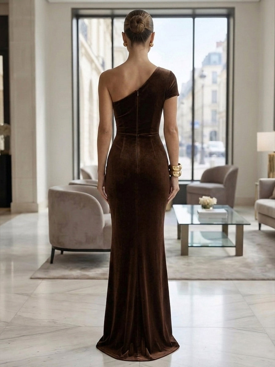 Sheath/Column One Shoulder Velvet Maxi Formal Dresses with Ruched Waist
