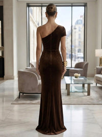 Sheath/Column One Shoulder Velvet Maxi Formal Dresses with Ruched Waist