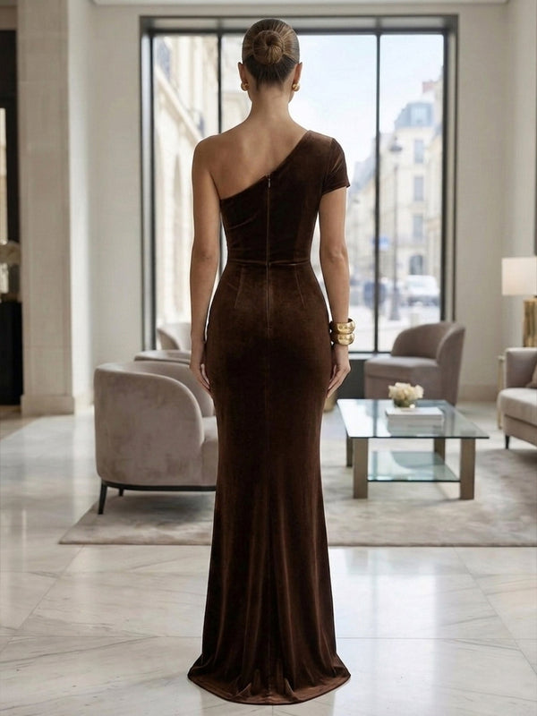 Sheath/Column One Shoulder Velvet Maxi Formal Dresses with Ruched Waist