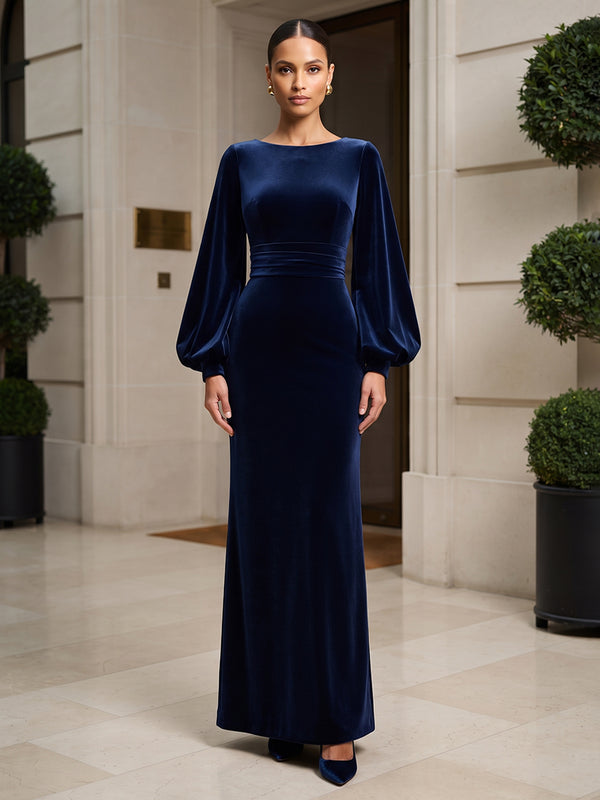 Sheath/Column Scoop Neck Velvet Maxi Formal Dresses for Women