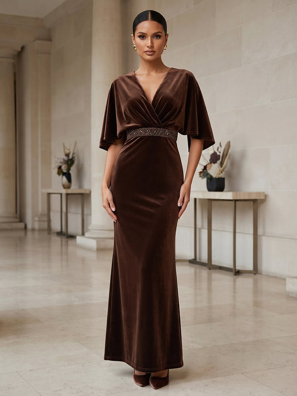 Sheath/Column V-Neck Velvet Maxi Formal Dresses with Ruched Bodice & Sequin