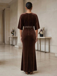 Sheath/Column V-Neck Velvet Maxi Formal Dresses with Ruched Bodice & Sequin