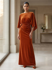 A-Line/Princess Scoop Neck Velvet Maxi Formal Dresses with Ruched Waist