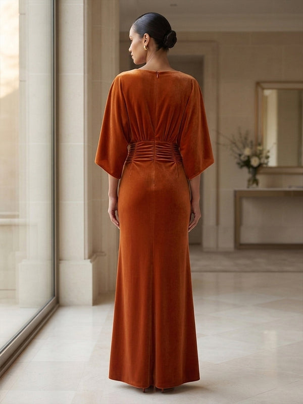 A-Line/Princess Scoop Neck Velvet Maxi Formal Dresses with Ruched Waist