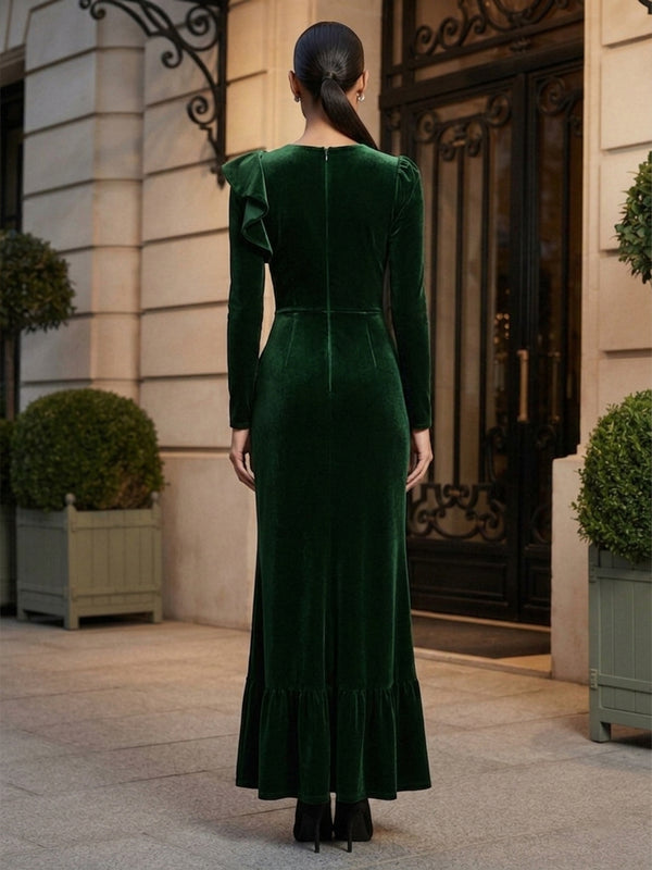 A-Line/Princess Scoop Neck Velvet Maxi Formal Dresses with Ruffles
