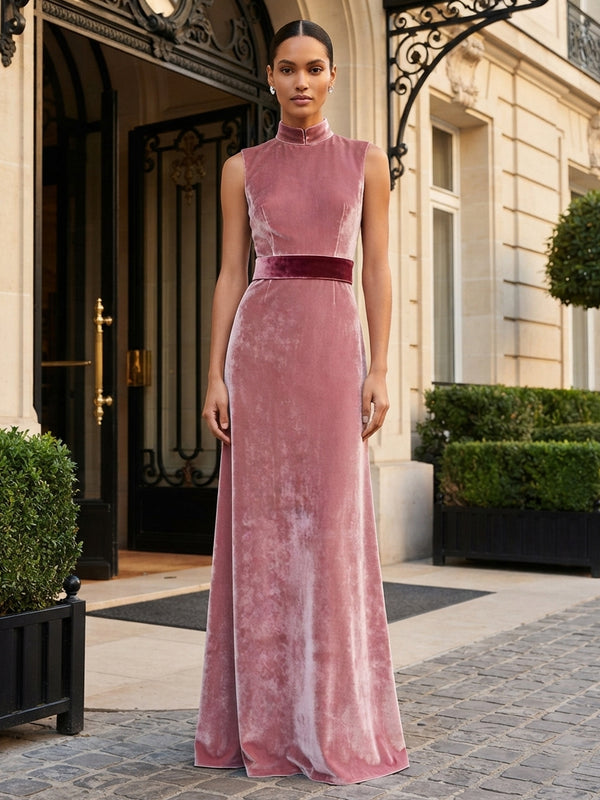 A-Line/Princess High Neck Velvet Maxi Formal Dresses with Belt