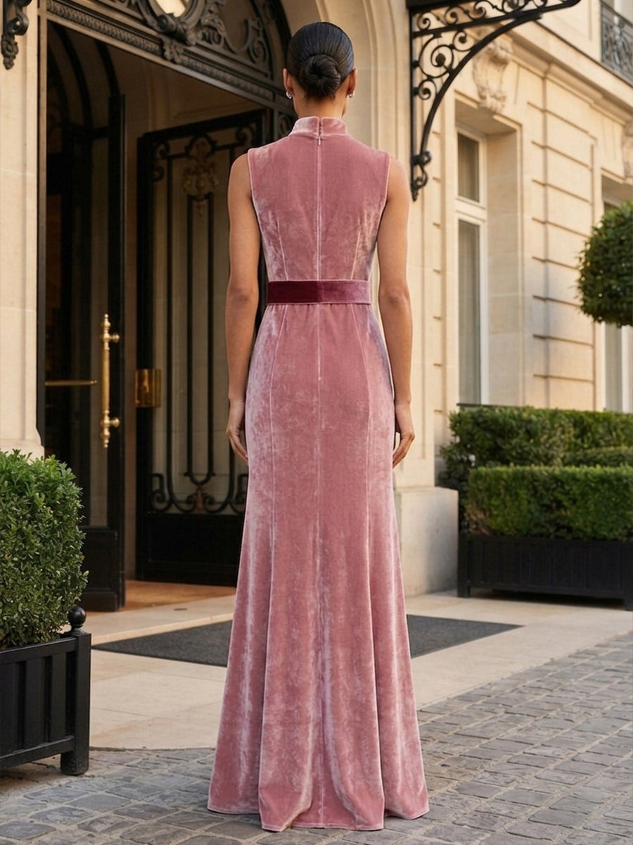 A-Line/Princess High Neck Velvet Maxi Formal Dresses with Belt