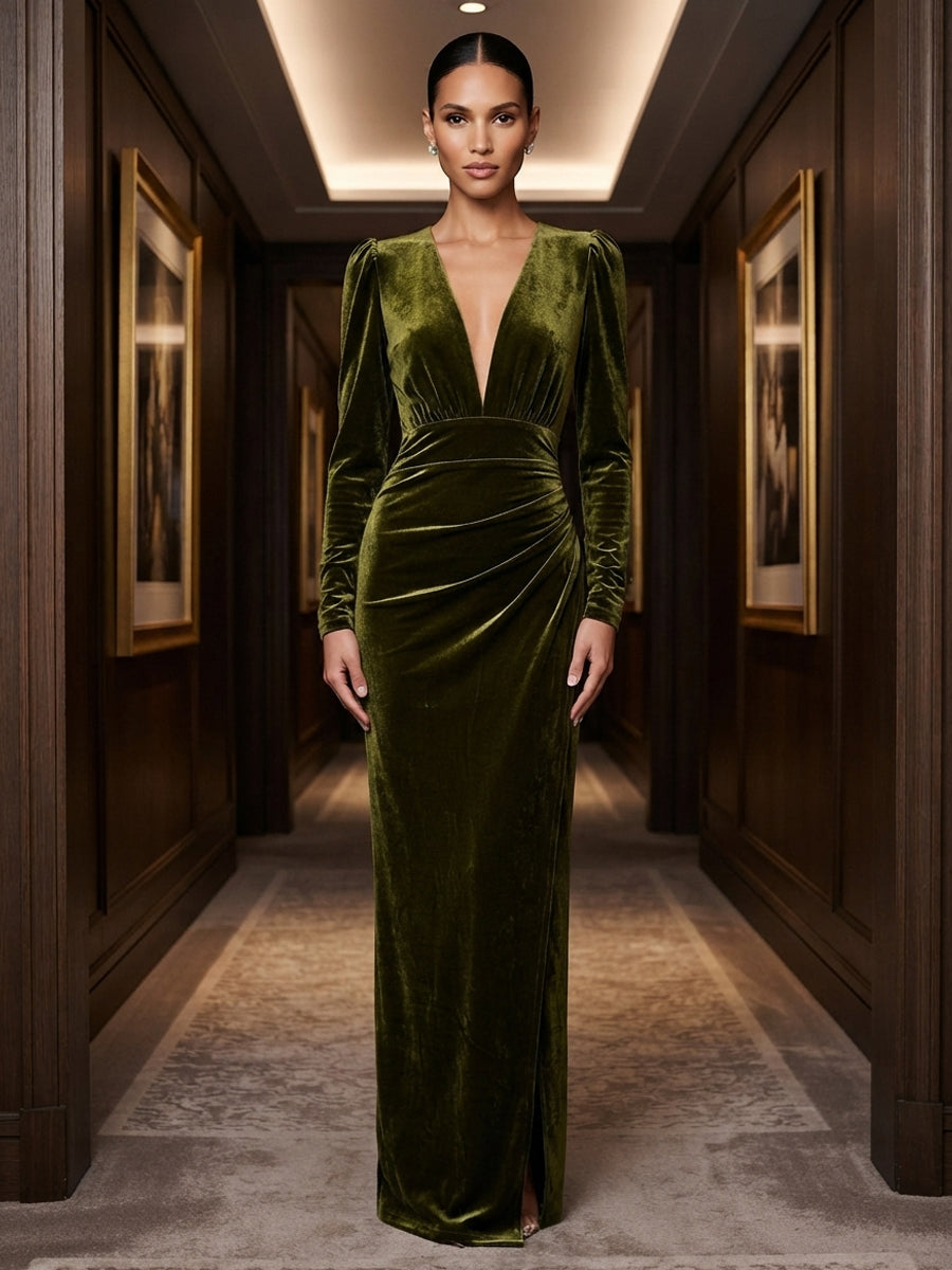 Sheath/Column V-Neck Velvet Maxi Formal Dresses with Ruched Waist