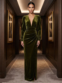 Sheath/Column V-Neck Velvet Maxi Formal Dresses with Ruched Waist