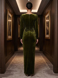 Sheath/Column V-Neck Velvet Maxi Formal Dresses with Ruched Waist