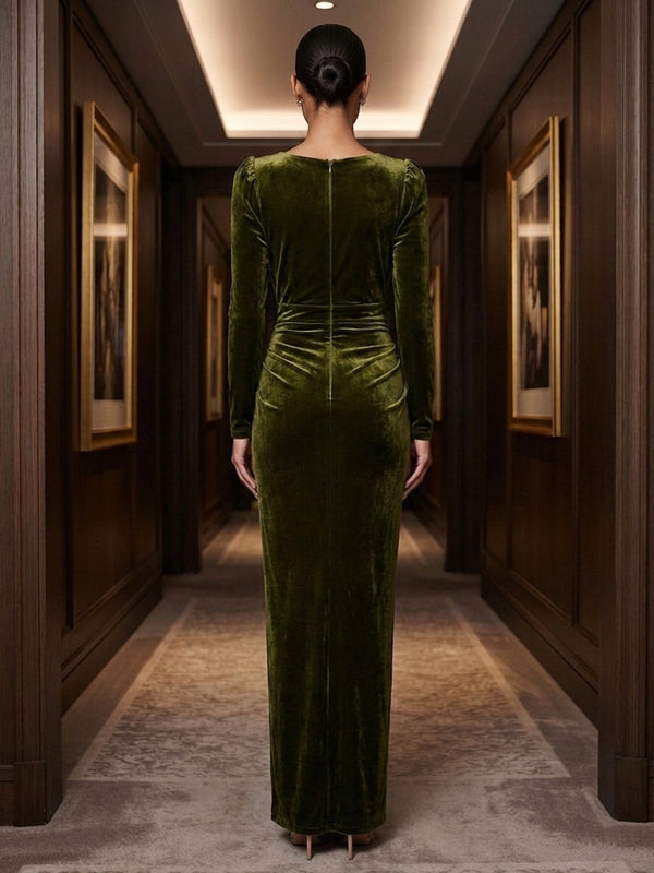 Sheath/Column V-Neck Velvet Maxi Formal Dresses with Ruched Waist