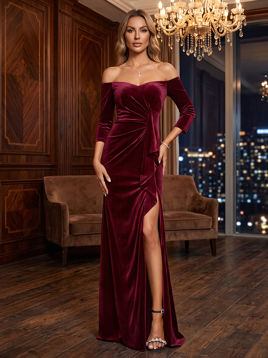 Sheath/Column Off Shoulder Velvet Maxi Formal Dresses with Ruffles & Slit