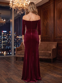 Sheath/Column Off Shoulder Velvet Maxi Formal Dresses with Ruffles & Slit