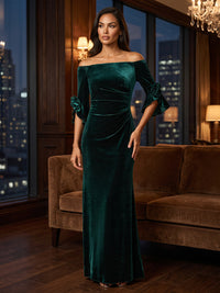 Sheath/Column Off Shoulder Velvet Maxi Formal Dresses with 3D Flowers & Ruched Waist