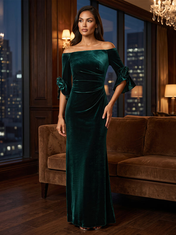 Sheath/Column Off Shoulder Velvet Maxi Formal Dresses with 3D Flowers & Ruched Waist