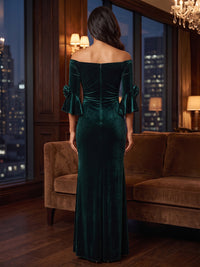 Sheath/Column Off Shoulder Velvet Maxi Formal Dresses with 3D Flowers & Ruched Waist