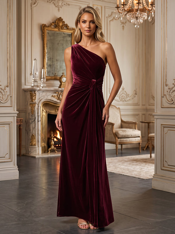 A-Line/Princess One Shoulder Velvet Maxi Formal Dresses with Ruched Waist
