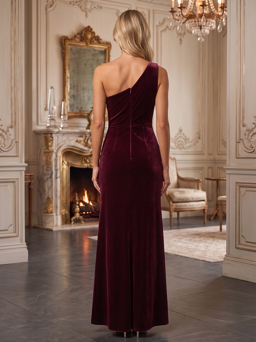 A-Line/Princess One Shoulder Velvet Maxi Formal Dresses with Ruched Waist