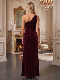 A-Line/Princess One Shoulder Velvet Maxi Formal Dresses with Ruched Waist